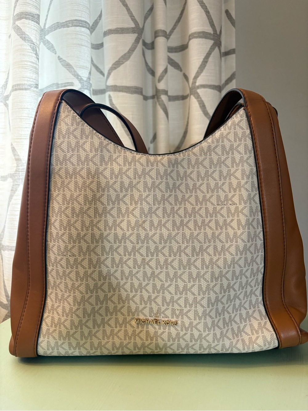 Michael Kors Beige Signature Canvas Hobo with Brown Leather Trim